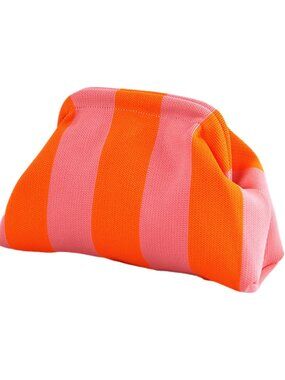 Women Orange Pink Stripe Summer Beach Woven Crochet Bag Dumpling Purse Handbag
